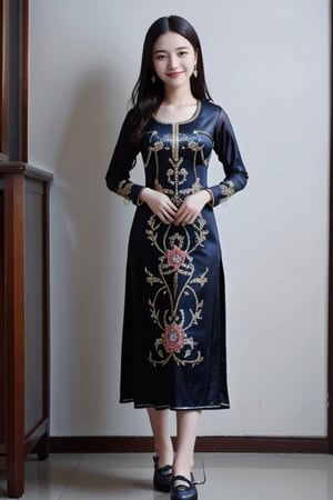 Chinese beauty, traditional costume, long dress, embroidered shoes, earrings, long black hair, smiling, standing
