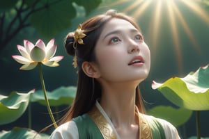 Li Qingzhao looks up at the sky, her eyes reflecting the blooming lotus and green leaves, her face expressing surprise and rapture, the gold hairpin in her hair twinkling in the sunlight.