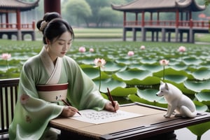 Li Qingzhao, dressed in Song dynasty noblewoman’s attire, sits in a Jiangnan-style pavilion, holding a wolf-hair brush, intently writing “Sheng Sheng Man” on rice paper. The pond is filled with blooming lotus flowers, glistening dewdrops on the green leaves, with distant artificial mountains and a winding small bridge.