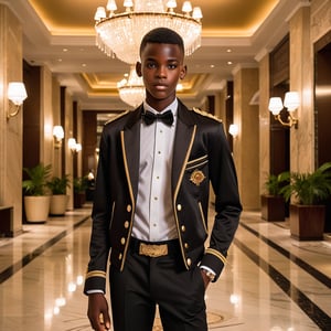 close up view, an 18 year old African twink bellman dressed in a short jacket and tight fitting classic pants, the jacket ends just above the waist.  The setting is the luxurious lobby of a high-end hotel, with elegant marble floors and large chandeliers visible in the background. The lighting is soft, casting a dramatic mood, 