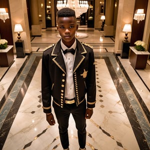 view from above, an 18 year old African twink bellman dressed in a short jacket and tight fitting classic pants, the jacket ends just above the waist.  The setting is the luxurious lobby of a high-end hotel, with elegant marble floors and large chandeliers visible in the background. The lighting is soft, casting a dramatic mood, 