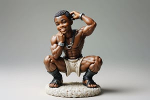 A full-color, delicately painted porcelain figurine depicting a kneeling, smiling , muscular 20-year-old black man in a leather harness and handcuffs and hands over head.The figurine is 6 inches high, barefoot, and exudes confidence and athleticism, with intricately detailed and perfect hands. It's displayed on a small white stand, placed on a coffee table in a party setting.