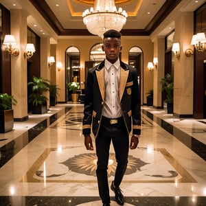 view from above, an 18 year old African twink bellman dressed in a short jacket and tight fitting classic pants, the jacket ends just above the waist.  The setting is the luxurious lobby of a high-end hotel, with elegant marble floors and large chandeliers visible in the background. The lighting is soft, casting a dramatic mood, 