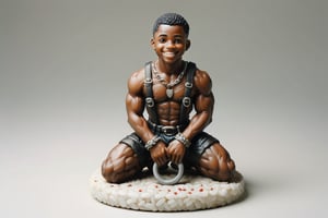 A full-color, delicately painted porcelain figurine depicting a kneeling, smiling , muscular 20-year-old black man in a leather harness and handcuffs and hands over head.The figurine is 6 inches high, barefoot, and exudes confidence and athleticism, with intricately detailed and perfect hands. It's displayed on a small white stand, placed on a coffee table in a party setting.