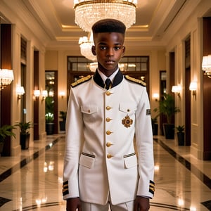 an 18 year old African twink bellman dressed in a very tight fitting classic uniform, the jacket ends just above the waist.  The setting is the luxurious lobby of a high-end hotel, with elegant marble floors and large chandeliers visible in the background. The lighting is soft, casting a dramatic mood, 