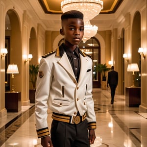 side view, an 18 year old African twink bellman dressed in a short jacket and tight fitting classic pants, the jacket ends just above the waist.  The setting is the luxurious lobby of a high-end hotel, with elegant marble floors and large chandeliers visible in the background. The lighting is soft, casting a dramatic mood, 