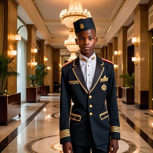 an 18 year old African twink bellman dressed in a very tight fitting classic uniform.  The setting is the luxurious lobby of a high-end hotel, with elegant marble floors and large chandeliers visible in the background. The lighting is soft, casting a dramatic mood, 