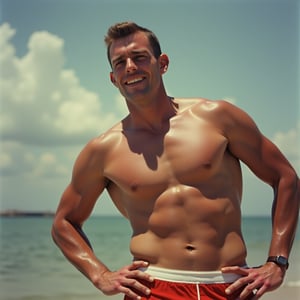 color photograph of a perfect 1950s dumb himbo, a himbo is an attractive man, who tends to be not very bright, but usually extremely nice and respectful, muscular, speedo