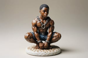 A full-color, delicately painted porcelain figurine depicting a kneeling, muscular 20-year-old black man in a leather harness and handcuffs and hands over head.The figurine is 6 inches high, barefoot, and exudes confidence and athleticism, with intricately detailed and perfect hands. It's displayed on a small white stand, placed on a coffee table in a party setting.