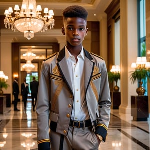 close up view, an 18 year old African twink bellman dressed in a short jacket and tight fitting classic pants, the jacket ends just above the waist.  The setting is the luxurious lobby of a high-end hotel, with elegant marble floors and large chandeliers visible in the background. The lighting is soft, casting a dramatic mood, 