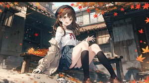 1girl, smile, pleated skirt,solo, long hair, off shoulder, brown eyes, autumn leaves,open mouth, (puffy long sleeves), beret, brown hair, puffy sleeves, open cardigan, autumn, hair ribbon, maple leaves, outdoors,falling leaves,(from below,wide shot,panorama,depth of field,full body,mid shot,English text),(hand on chests),sitting,tilt,