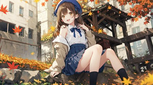 1girl, smile, pleated skirt,solo, long hair, off shoulder, brown eyes, autumn leaves,open mouth, (puffy long sleeves), beret, brown hair, puffy sleeves, open cardigan, autumn, hair ribbon, maple leaves, outdoors,falling leaves,(from below,wide shot,panorama,depth of field,full body,mid shot,English text),(hand on chests),sitting,tilt,