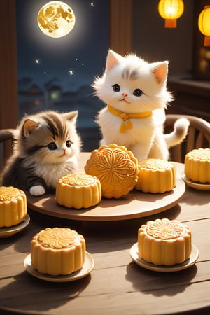 Xxmix_Catecat,three cats,playing,with a Mid-Autumn Festival theme,night,moon,There are small yellow round moon cakes on the table.