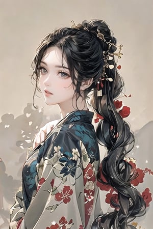 Natural Light, (Best Quality, highly detailed, Masterpiece:1.2), 16k, depth of field, ((wide shot)), 1girl  A lady with long black hair, Full body picture,Tang Dynasty Clothing,barefoot, wearing a white strapless kimono, dark green silk thread, Transparent watercolor, splash ink rendering, chaos rendering, (beautiful and detailed eyes), (realistic detailed skin texture), (detailed hair), (realistic light and shadow), (clean outline, sketch style line art),ink splash,solid color background.The background light is bright, and there are red plum blossoms.