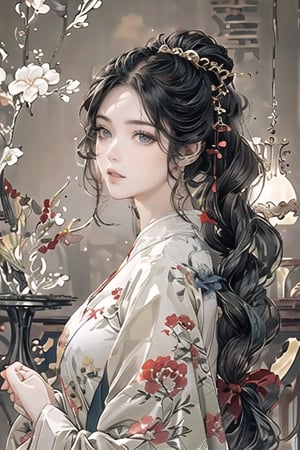 Natural Light, (Best Quality, highly detailed, Masterpiece:1.2), 16k, depth of field, ((wide shot)), 1girl  A lady with long black hair, Full body picture,Tang Dynasty Clothing,barefoot, wearing a white strapless kimono, dark green silk thread, Transparent watercolor, splash ink rendering, chaos rendering, (beautiful and detailed eyes), (realistic detailed skin texture), (detailed hair), (realistic light and shadow), (clean outline, sketch style line art),ink splash,solid color background.The background light is bright, and there are red plum blossoms.