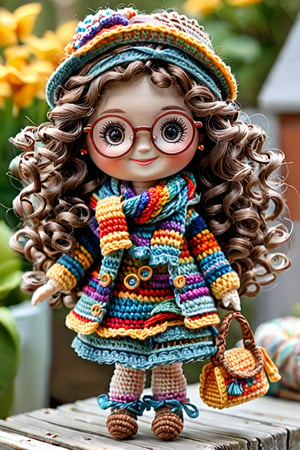 A meticulously crafted doll with large round glasses, curly brown hair, and rosy cheeks, smile. The doll is dressed in a light multi-colored crocheted outfit, consisting of a hat, scarf, and a sweater. The background is blurred, but it seems to be an outdoor setting with summer colors, suggesting a summer season.,cute cartoon 