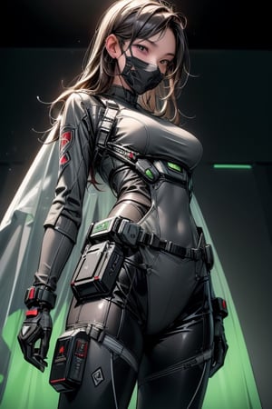 (UHQ, 8k, high resolution), Create a character design for a skilled military operative named Captain Steelhawk, Picture them in a tactical, dark-gray uniform with a concealed face behind a high-tech mask featuring piercing green eyes, full body view
