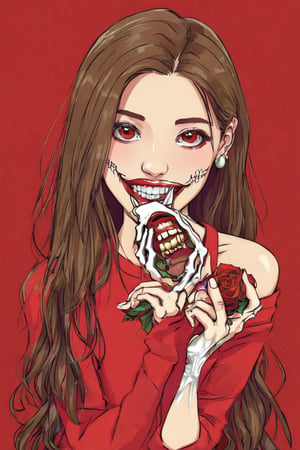 1girl, long hair, open mouth, brown hair, holding, teeth, dated, makeup, traditional media, lipstick, red lips, skeleton, bone,vector,ExStyle