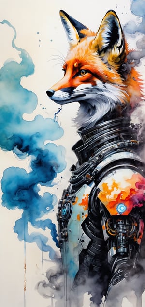 fox, color, ink, Chinese ink painting, smoke,cyborg style, cyborg, person