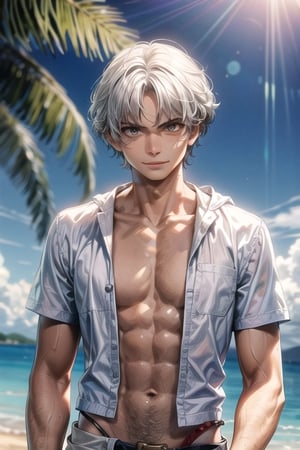 solo, smile, white hair,white shirt, white hair, 1boy, white eyes, upper body, male focus, white shirt, muscular, pectorals,one piece,luffy,