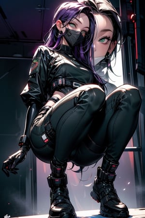 (UHQ, 8k, high resolution), Create a character design for a skilled cyberpunk operative named Captain corner concept , Picture them in a tactical, dark-purple uniform with a concealed face behind a high-tech mask featuring piercing green eyes, full body view
