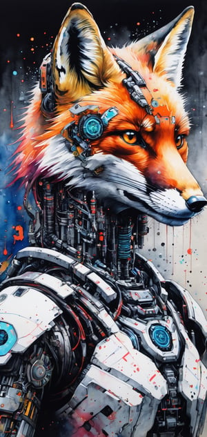fox, color, ink, japan ink painting, cyborg style, cyborg, person