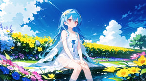 best quality, masterpiece, illustration, (reflection light), incredibly absurdres, (Movie Poster), (signature:1.3), (English text:1.3), 1girl, girl middle of flower, pure skyblue hair, red eyes, clear sky, outside, collarbone, loli, sitting, absurdly long hair, clear boundaries of the cloth, white dress, fantastic scenery, ground of flowers, thousand of flowers, colorful flowers, flowers around her, various flowers, colors