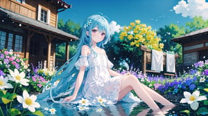 best quality, masterpiece, illustration, (reflection light), incredibly absurdres, 1girl, girl middle of flower, pure skyblue hair, red eyes, clear sky, outside, collarbone, loli, sitting, absurdly long hair, clear boundaries of the cloth, white dress, fantastic scenery, ground of flowers, thousand of flowers, colorful flowers, flowers around her, various flowers, colors