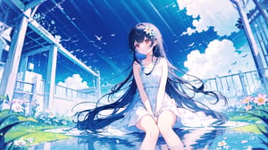 best quality, masterpiece, illustration, (reflection light), incredibly absurdres, 1girl, girl middle of flower, pure skyblue hair, red eyes, clear sky, outside, collarbone, loli, sitting, absurdly long hair, clear boundaries of the cloth, white dress, fantastic scenery, ground of flowers, thousand of flowers, colorful flowers, flowers around her, various flowers, colors