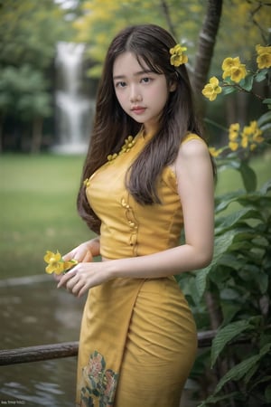 {{best quality}}, {{masterpiece}}, {{ultra-detailed}}, {illustration}, {detailed light}, {an extremely delicate and beautiful}, a girl,  messy floating hair, ,beautiful girl posing in winding,holding,yellow flowers , feminine , yellow flowers trees background, depth of field,acmm ss outfit,Myanmar,PrettyLadyxmcc