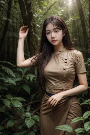 {{best quality}}, {{masterpiece}}, {{ultra-detailed}}, {illustration}, {detailed light}, {an extremely delicate and beautiful}, a girl,  messy floating hair, ,beautiful girl posing in winding, forest , army_dress