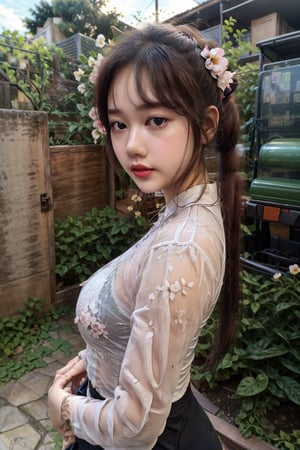 1girl, solo,looking at viewer, brown hair, brown eyes, ponytail, bra, lips, see-through, realistic,upper_body,( background: outdoor,flowers,garden),((white shirt)),perfect body,long_ponytail,side_boobs