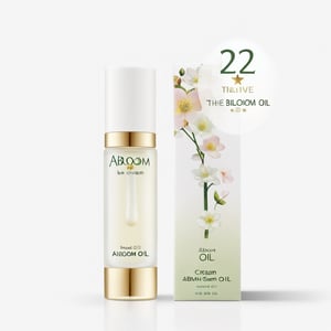 Abloom oil, words be on the container, (abloom oil cream: 1.4), next to its box, white background, no flower, Beauty, cosmetic