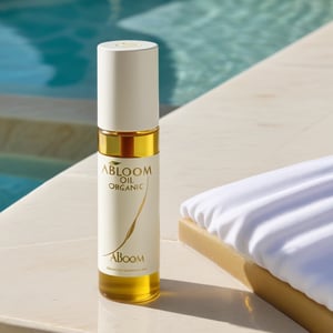 Abloom organic oil, 75ml, bottle slender, bottle short, (abloom organic oil:1.4), bottle golden color,  next to a swimming pool,( swimming pool:1.0), Organic oil