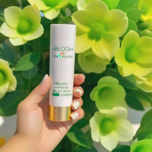 A woman, hand, holding a beauty product written, abloom in green color, slow in green, skincare in green, organic luminous in green, SPF 30+ cream in green, Sunskissed in green, (abloom: 1.4), more specifically eye cream, (eye cream: 1.0).