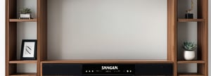 Ultra-detailed close-up of a modern Bluetooth Sangean radio in a luxurious minimalist bookshelf (bookshelf:1.3). The radio's elegant wooden grain finish (wooden grain:1.2) wraps around its sides, paired with a black front panel (panel:1.1) featuring a sharp digital display (display:1.3) showing the time and station. Tactile buttons (buttons:1.2) for tuning and volume catch the light, highlighting their precise layout (layout:1.2). The bookshelf, made of rich dark wood (dark wood:1.1) with metal accents, contains books (books:1.1), geometric sculptures (sculptures:1.1), and succulents (decor:1.2). Soft ambient light (lighting:1.3) casts shadows (shadows:1.2), enhancing the textures of the wood (wood:1.1) and the sleek display (display:1.2). The ambiance blends modern sophistication (sophistication:1.3) and cozy warmth (warmth:1.1), with the radio as the focal point.,Brown wooden mini radio,Radio,Bluetooth radio,Radio,Brown wooden mini radio,Radio,Bluetooth radio,Radio,Brown wooden mini radio 