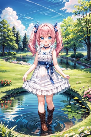 1girl, solo, breasts, looking at viewer, blush, smile, open mouth, bangs, blue eyes, dress, ribbon, twintails, standing, collarbone, full body, flower, :d, pink hair, small breasts, boots, outdoors, frills, sky, sleeveless, choker, day, cloud, water, white dress, tree, bare arms, sleeveless dress, brown footwear, frilled dress, grass, blue ribbon, building, reflection, skirt hold, ripples, pond