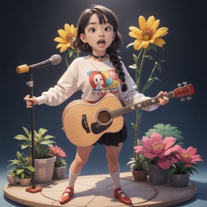 (isometric 3D model:1.1).(ultra-detailed,best quality,masterpiece,finely detail, high res,8K RAW photo,realism),Calm and friendly atmosphere,(smiling,open mouth:1.1),(Japanese Girl standing and singing while playing guitar,acoustic guitar,beautiful short staturet girl,full body:1.1),wearing long-sleeve graphic T-shirt,skirt,black knee-high socks,pumps:1.2),(beautiful fluffy short hair,black hair,thick twin-Braids,bangs),(round face,large-pupils,droopy eyes,chubby thick body,gigantic breasts,thin waist,wide hips,very thick legs:1.2),(large earrings,choker),front view,isometric,diorama,bloom,high lights.(from a distance:1.2),realistic lighting,Chibi,in front music studio,
BREAK 
(simple background,Vivid and colorful background:1.3),isometric view