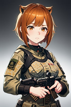 capychanvt,orange brown hair,Bob cut,capyba ears ,brown eyes,capybara ears,high-quality ,military tactical uniform,tactical shooter, Tom's Clancy Rainbow Siex Siege,1girl,military uniform of Peru,Peru,Peruvian division,intense expression, professional, tactical lighting, cool tones,,special force,