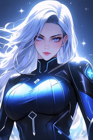 Best picture quality, high resolution, 8k, realistic, sharp focus, realistic image of elegant lady, Korean beauty, supermodel, pure white hair, blue eyes, wearing high-tech cyberpunk style blue Batgirl suit, radiant Glow, sparkling suit, mecha, perfectly customized high-tech suit, ice theme, custom design, 1 girl,swordup, looking at viewer,JeeSoo 