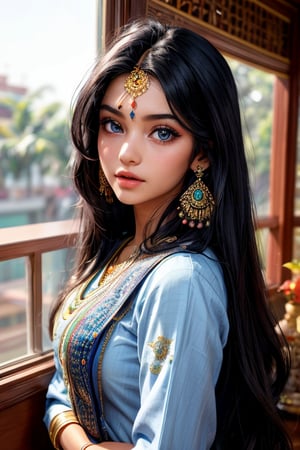 lovely cute young attractive indian girl, blue eyes, gorgeous actress, 23 years old, cute, an Instagram model, long hair, black hair, Indian, weaaring blouse, wearing bindi in forehead, ear rings,looking hot, under sunlight, looking on window,