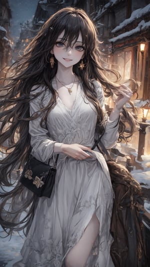 Beautiful and delicate light, (beautiful and delicate eyes), pale skin, big smile, brown eyes, black brown long hair, dreamy, c cup chest, 2000s (style), front shot, Asian girl, bangs, soft expression, height 170, elegance, bright smile, 8k art photo, realistic concept art, realistic, portrait, necklace, small earrings, handbag, fantasy, jewelry, shyness,  white_shirt, one piece dress, snowy street, footprints, stars_(sky), night_sky, ,JeeSoo 