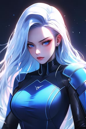 Best picture quality, high resolution, 8k, realistic, sharp focus, realistic image of elegant lady, Korean beauty, supermodel, pure white hair, blue eyes, wearing high-tech cyberpunk style blue Batgirl suit, radiant Glow, sparkling suit, mecha, perfectly customized high-tech suit, ice theme, custom design, 1 girl,swordup, looking at viewer,JeeSoo 