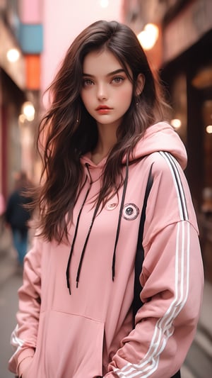 Photo of a 16-year-old, mixed with Indian and White, Urban Outfitters model, with very long dark brown hair, hazel eyes, an alluring gaze, dynamic pose, pink background, mid-length shot, warm color tone, 35mm, shot on Kodak Ektar 100, realistic,more detail XL