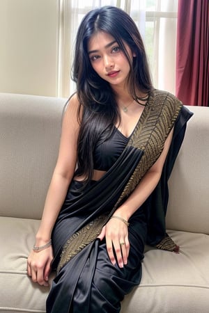 beautiful cute young attractive indian teenage girl, village girl, 20 years old, cute,  Instagram model, long black_hair, colorful hair, warm, dacing, in home sit at  sofa. indian ,Beautiful Instagram Model, NylaUsha,Indian,Girl,Sexy Pose,Saree