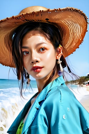 A Japanese woman wearing a wide-brimmed hat, vivid colors, (realistic:1.5), (photorealistic:1.3), TTT63n9P01, looking at vieweseaside, coast, detailed background, joy expression