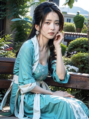 A young Taiwanese girl sits peacefully on a weathered bench overlooking the coast at sunset, her hands clasped together in contemplation as she wears traditional hanfu. The warm, golden light of the setting sun casts a vibrant glow on her face and the surrounding park, with lush greenery and vibrant flowers adding pops of color to the scene. 

1girl, Taiwanese girl, 30 YO, looking_at_viewer, eye_contact, R33_1844qcsrg9, huge breasts, cleavageㄝdetailed_facial, delicated lips, big eyes, delicated face, perfect anatomy, perfect composition, cinematic_shot, vibrant_colors, detailed clothing fabric, blue-white patterns, big eyes, earings.