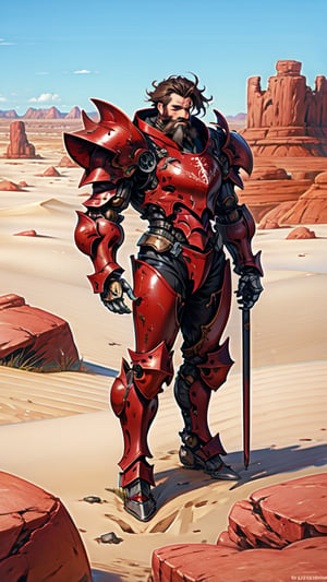 one man, bearded, in a desert. mechanical armor, broken armor, red and black armor, 