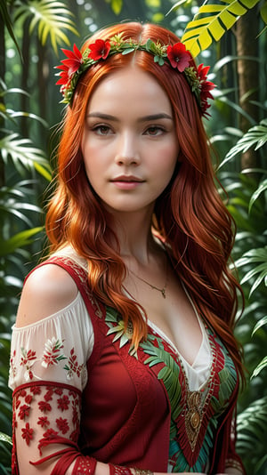 Portrait Of beautiful red haired bohemian queen wearing red colour lace surrounded by jungle Plants And Flowers art by Mike Mayhew and Mark brooks and Ross Tran 8K Resolution,Extremely Realistic