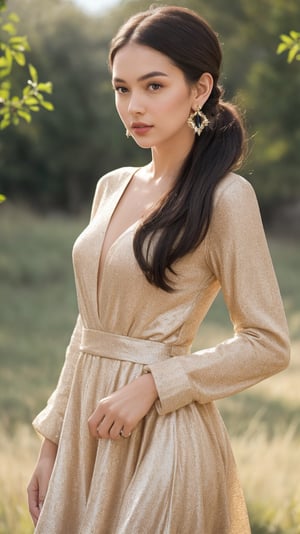 Close-up portrait of a refined woman standing in a rugged cowboy stance, amidst a sun-kissed open range landscape. She wears a knee-length floral dress with long sleeves, adding an air of sophistication. Her silvery hair is styled in a sleek ponytail, framing her striking profile and full lips. A pair of dangling earrings glimmer in the golden light, casting a warm glow on her porcelain skin. The camera captures her confident pose from a slight angle, emphasizing her strong features and contrasting textures.